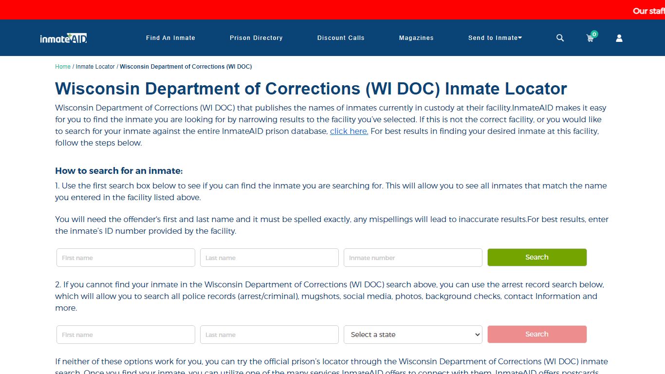 Wisconsin Department of Corrections (WI DOC) Inmate Locator