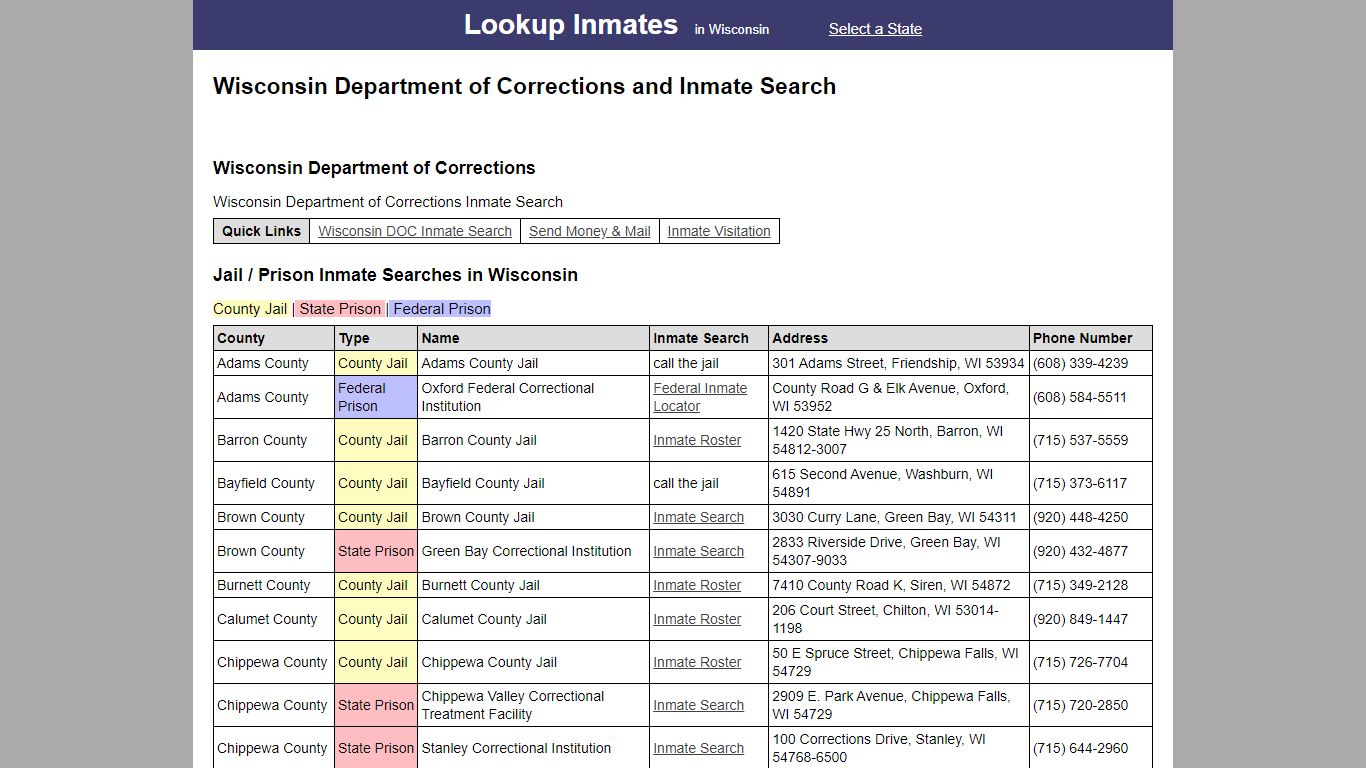 Wisconsin Department of Corrections and Inmate Search